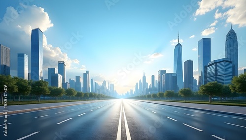 Asphalt road square and city skyline with modern buildings scenery under the blue sky