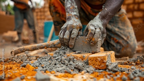 Wallpaper Mural Construction worker aligning bricks with a trowel, close-up. Torontodigital.ca