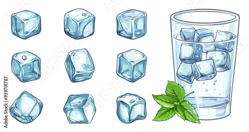 Ice cubes set. Glass of drinking water with ice. Ment leaf. crystal ice blocks. square frozen water for alcoholic and non alcoholic bevereges. Food menu decorative elements. Cartoon style isolated