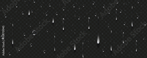 Rain transparent drops flow down the glass.Realistic wet condensation texture.Fresh water splash effect on the surface.Liquid spreading droplet shapes.