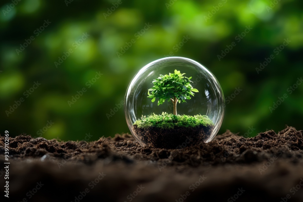 Miniature tree inside a glass sphere, signifying protection and growth in nature, placed on soil with a vibrant green background. Miniature tree inside a glass sphere, signifying protection and growth in nature, placed on soil with a vibrant green background.