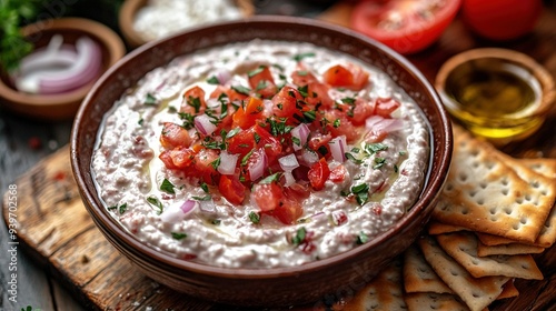  A wooden cutting board holds a bowl of dip with crackers, tomatoes, onions, and parsley