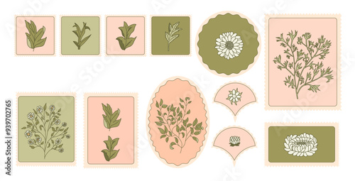 Set of vintage floral stamps stickers. Vector hand drawn emblems collection