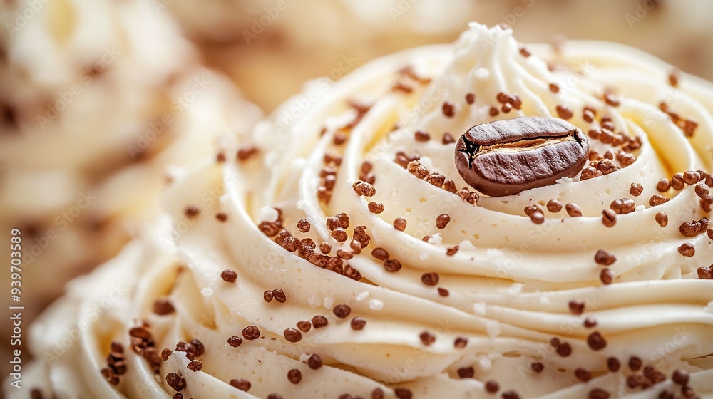 A detailed picture of a cupcake, featuring close-up views of its white frosting and chocolate sprinkles A detailed picture of a cupcake, featuring close-up views of its white frosting and chocolate sprinkles