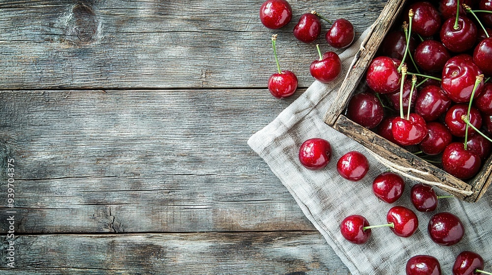 Wooden box brimming with cherries on a white cloth next to identical wooden box holding cherries Wooden box brimming with cherries on a white cloth next to identical wooden box holding cherries