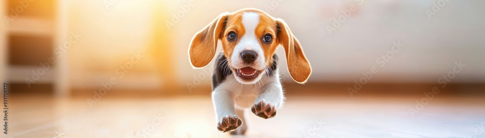 A playful puppy running joyfully across a bright indoor space, showcasing energy and happiness in an adorable pose. A playful puppy running joyfully across a bright indoor space, showcasing energy and happiness in an adorable pose.
