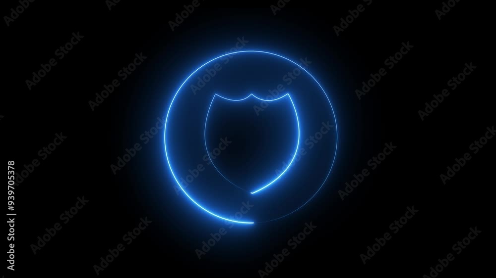 Abstract neon shield icon animation on of black background