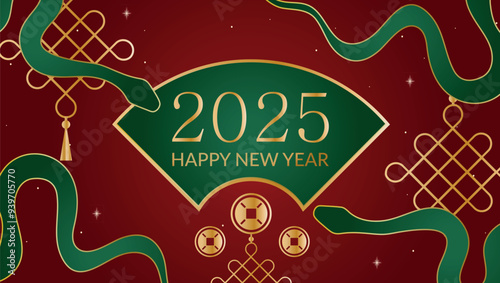 poster postcard Chinese New Year 2025 snake symbol on a red background with gold elements