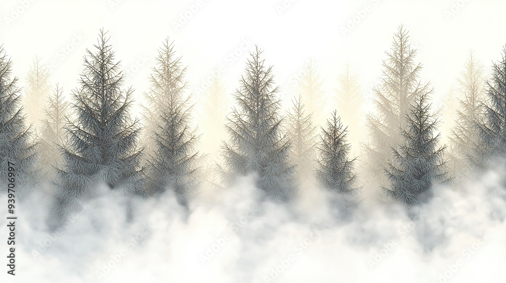 Obraz premium A dense forest of towering pine trees blanketed in snow, set against the backdrop of a hazy, all-white sky