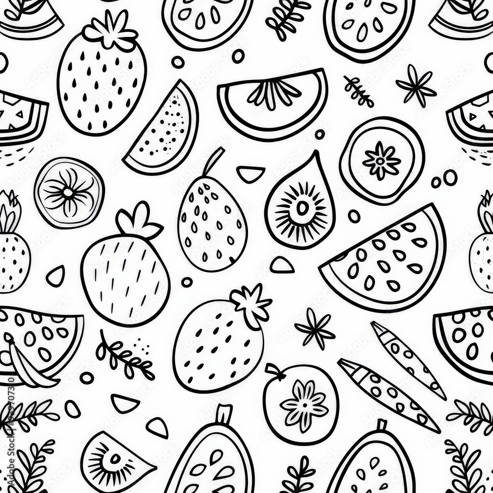 a simple line drawing of summer fruits themed coloring pages pattern for your little girl, thin lines, wallpaper, monochrome simplicity a simple line drawing of summer fruits themed coloring pages pattern for your little girl, thin lines, wallpaper, monochrome simplicity
