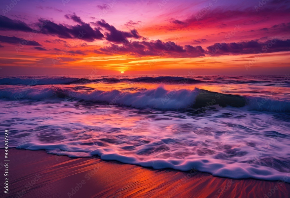 Obraz premium vibrant sunset over peaceful ocean waves rich colors serene atmosphere capturing beauty, beach, coastline, horizon, twilight, clouds, reflection, scenery
