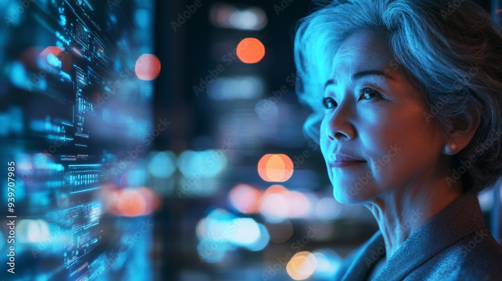 A woman is looking at a computer screen with a lot of numbers and symbols A woman is looking at a computer screen with a lot of numbers and symbols
