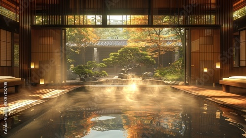 Serene indoor onsen with wooden interiors and a view of a Japanese garden.