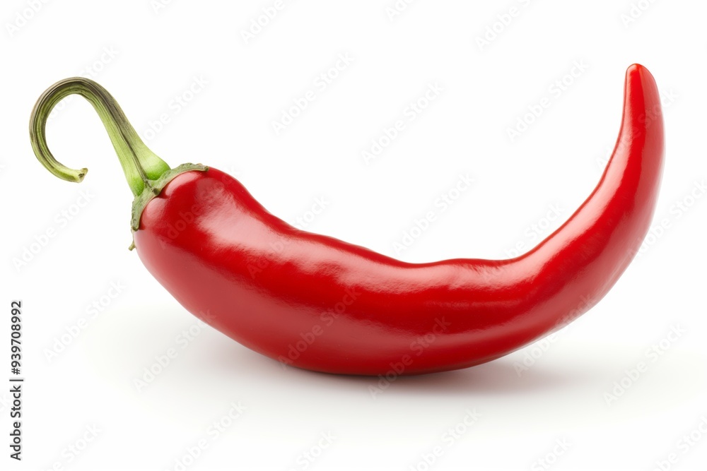 A red chili pepper is shown with its stem pointing up. The pepper is long and slender, with a green stem at the top A red chili pepper is shown with its stem pointing up. The pepper is long and slender, with a green stem at the top