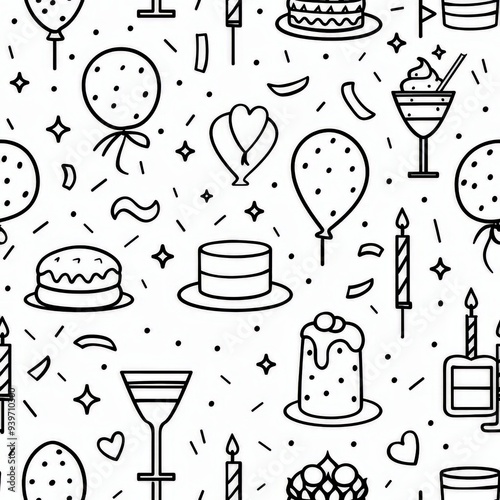 a simple line drawing with a brithday celebration themed coloring pages pattern for your little girl, balloons, cake, presents, candle, cocktail, lemonade, thin lines, wallpaper, monochrome simplicity photo