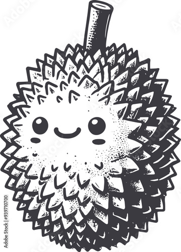 Grunge-Style Durian Smiling Fruit Character with Texture, Rough Hand-Drawn with Grainy Print Effect.