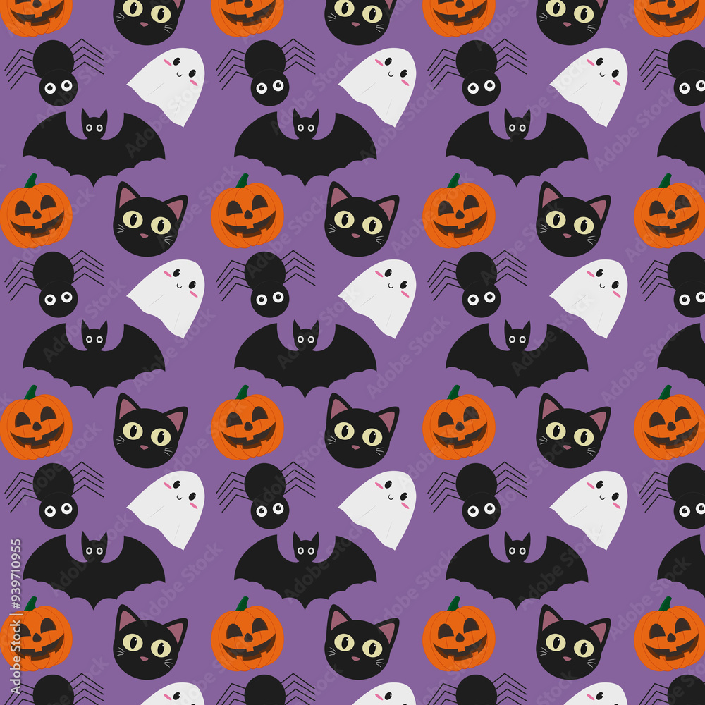 Patrón de halloween con fondo morado. Ilustración digital. Patrón de halloween con fondo morado. Ilustración digital.
