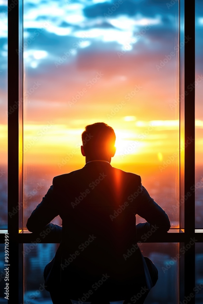 Silhouette of a businessperson looking out at a vibrant sunset through a large window, contemplating and reflecting. Silhouette of a businessperson looking out at a vibrant sunset through a large window, contemplating and reflecting.