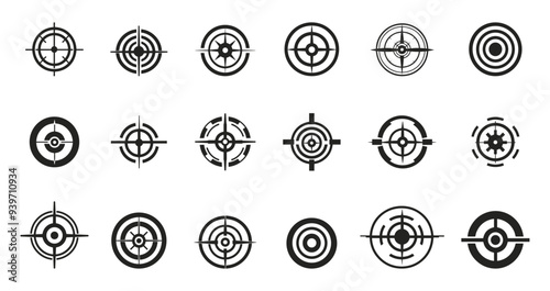 Sniper aim icons set. Bullseye gun target crosshair symbol. Military rifle scope shooting mark sign. Abstract graphic games shooters element. Simple black and white flat style isolated vector clipart