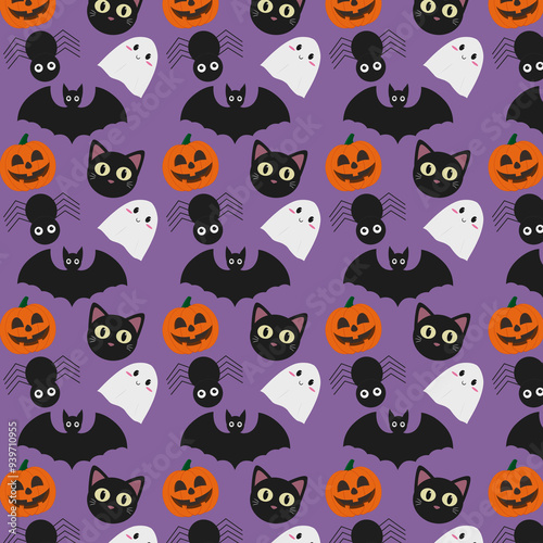 Patrón de halloween con fondo morado. Ilustración digital.