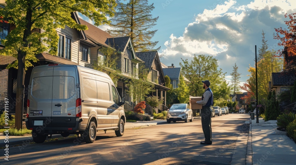 Obraz premium A delivery service worker holding a package next to a delivery van on a suburban street.