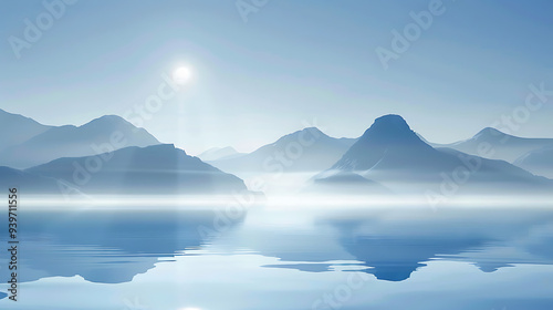 Misty Mountain Reflections on a Tranquil Lake at Sunrise