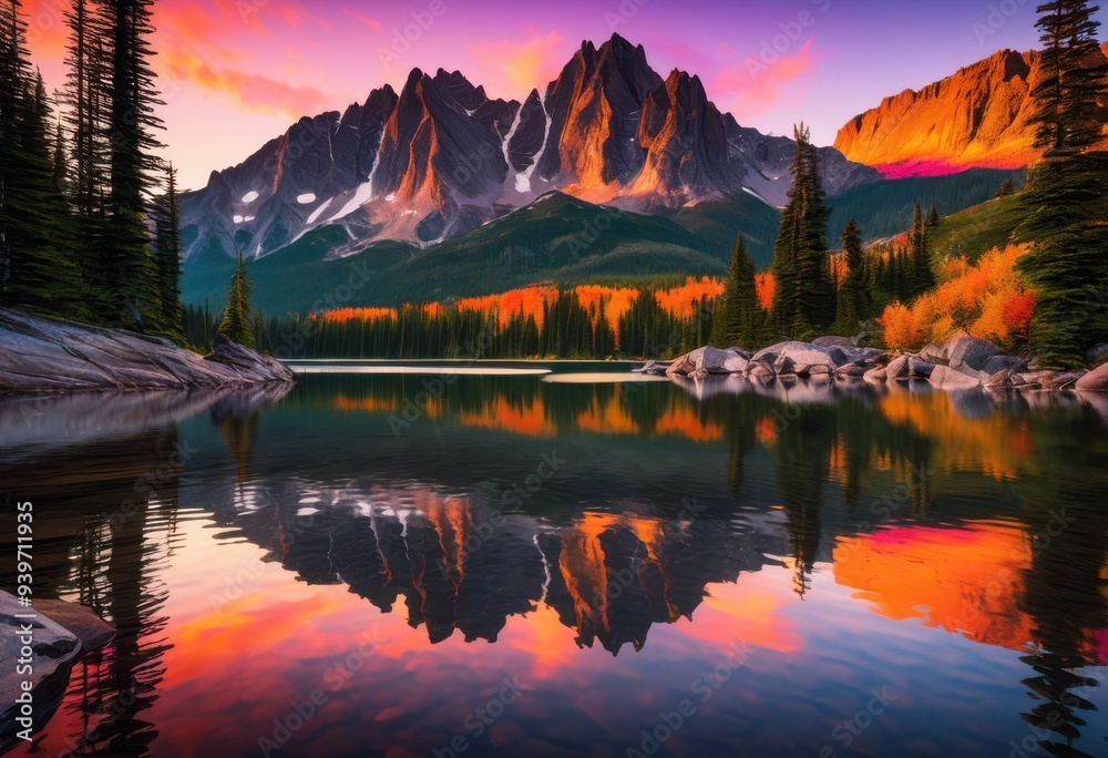 Fototapeta premium vibrant sunset over serene mountain lake reflecting colors tranquil waters surrounded majestic peaks lush greenery, reflection, sky, clouds, orange, pink, blue