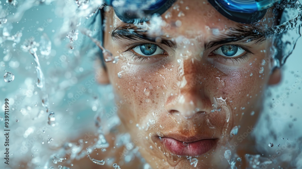 Close-up of an Olympic swimmer with a determined expression, water splashing around, in front of a white background. Close-up of an Olympic swimmer with a determined expression, water splashing around, in front of a white background.