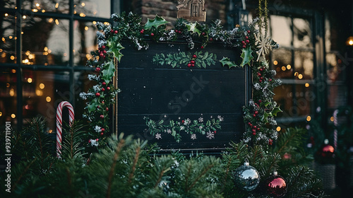   A Christmas sign, encircled by greenery & candy canes, stands before a lit building with a sign saying Christmas photo