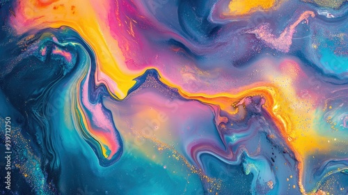 Stunning neon liquid waves in an abstract marble texture. photo