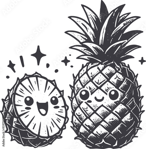 Grunge-Style Pineapple Smiling Fruit Character with Texture, Rough Hand-Drawn with Grainy Print Effect.