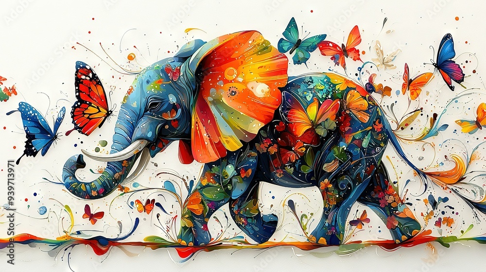 A vivid depiction of an elephant adorned with butterflies on its back and one perched on its head A vivid depiction of an elephant adorned with butterflies on its back and one perched on its head