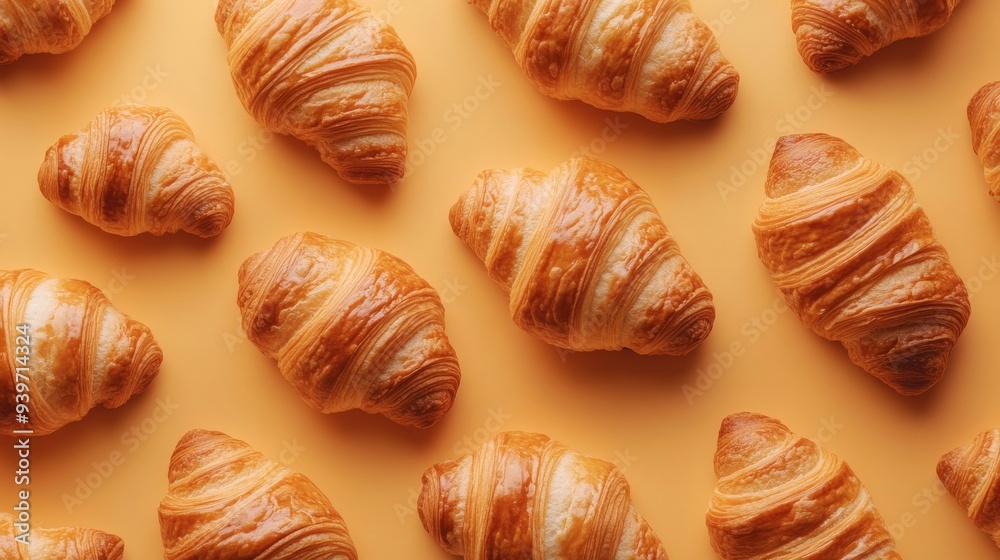 Freshly baked croissants on a yellow background, top view. Bakery and breakfast concept Freshly baked croissants on a yellow background, top view. Bakery and breakfast concept