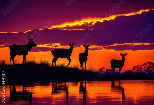 vibrant animal shadows silhouetted vivid sunset backdrop rich colors dynamic contrast, nature, scene, wildlife, light, sky, horizon, evening, glow, orange