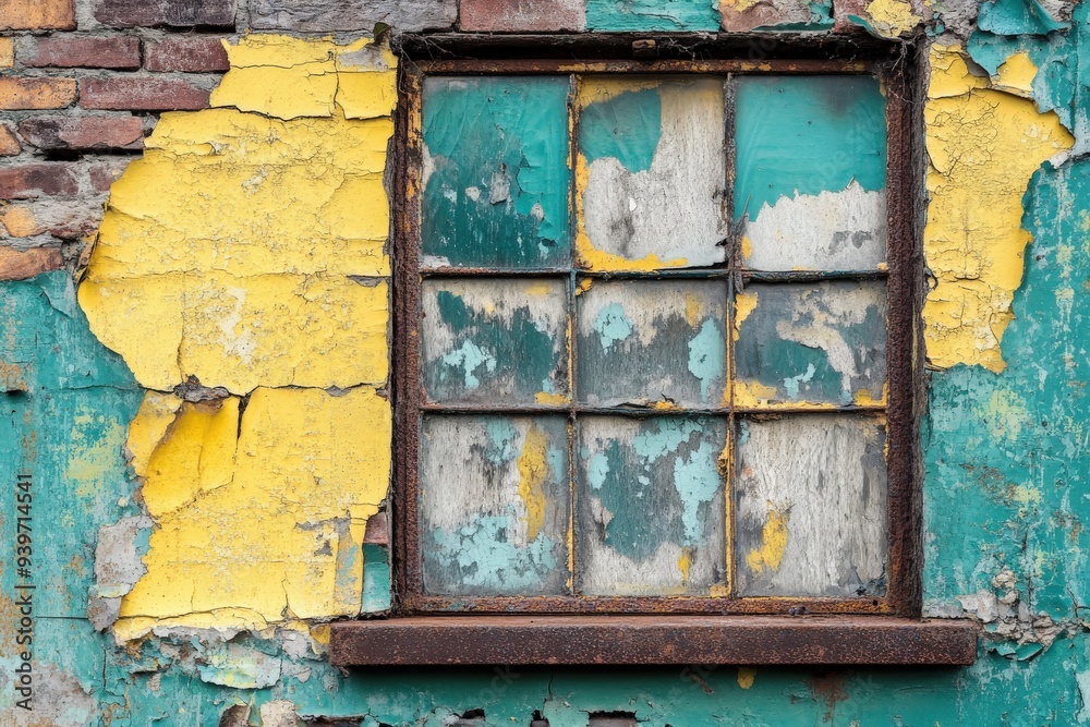 A window with a green frame and yellow paint peeling off the wall, generative ai image A window with a green frame and yellow paint peeling off the wall, generative ai image