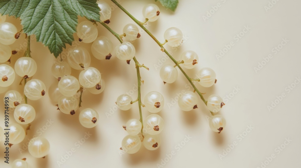 Obraz premium Close-up of white currant berries with green leaves on a light background. Fresh and organic food concept