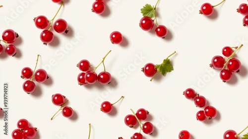 Red currants spread on a light background, top view. Fresh fruit and healthy eating concept