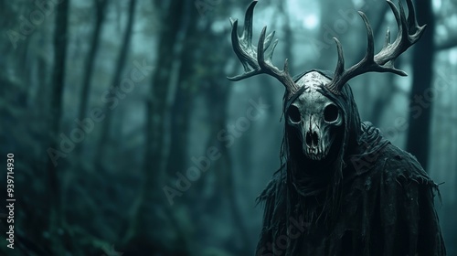 A scary hooded forest spirit in a dark forest