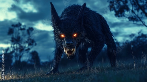Mythical chupacabra with glowing eyes under a cloudy night sky