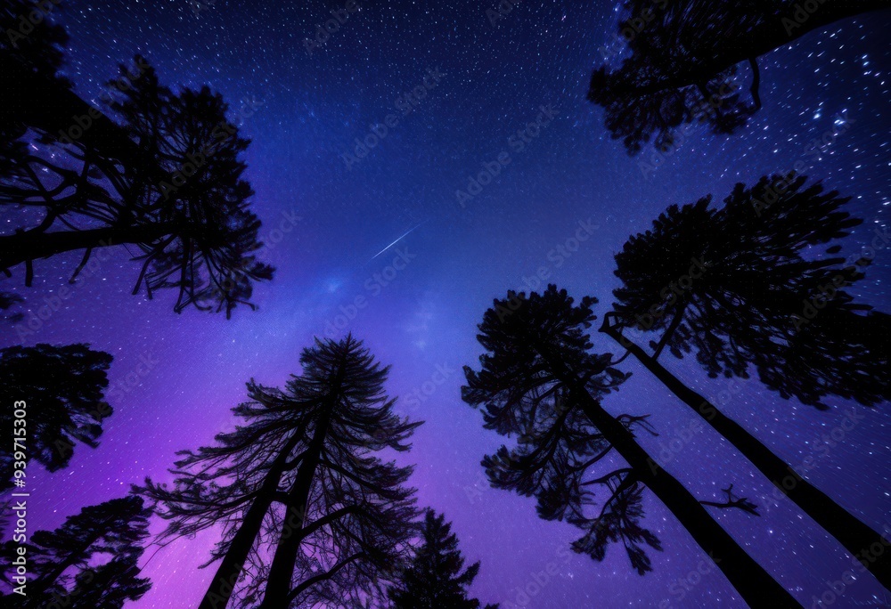 Naklejka premium breathtaking night sky adorned shining stars silhouettes trees under clear cosmic canvas, moon, darkness, landscape, cosmos, astronomy, nature, beauty