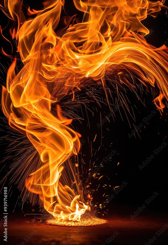 Fototapeta premium vibrant flames illuminating dark background dynamic colors textures, blaze, fire, glow, heat, warmth, ember, brightness, flicker, illumination, orange