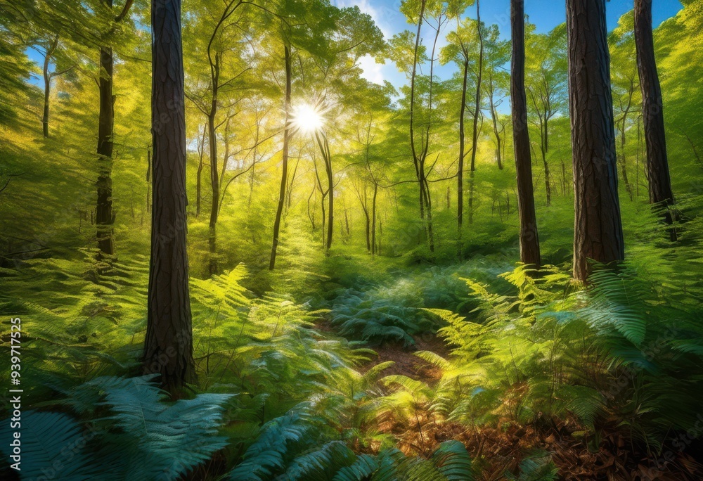 Obraz premium vibrant forest landscape showcasing bright sunlit foliage lush greenery under clear blue skies, sunlight, trees, leaves, nature, scenery, colors, sky