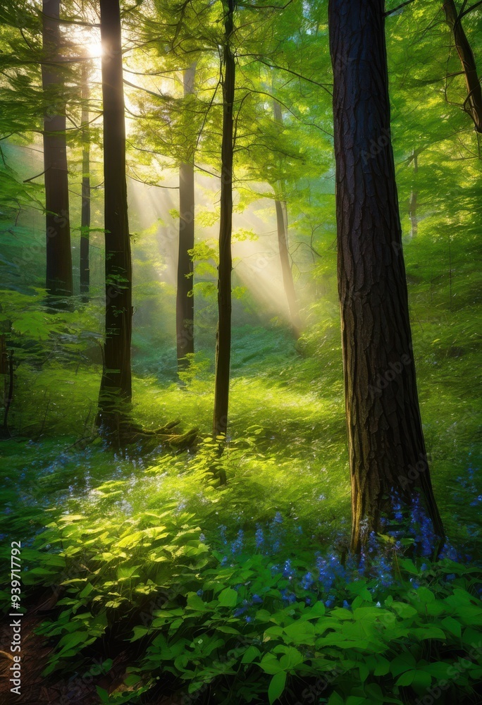 Fototapeta premium vibrant forest environment featuring lush greenery bathed radiant sunlight creating picturesque natural landscape, nature, trees, leaves, plants, soil, rays