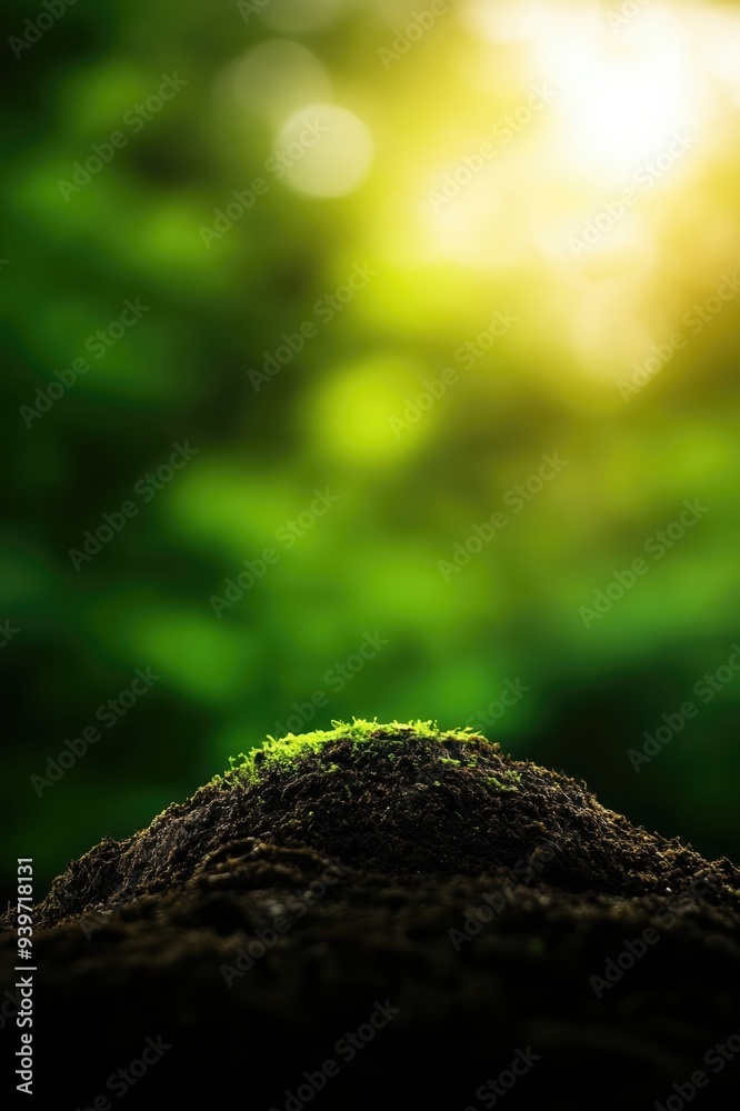 Sunlit forest floor with moss-covered mound, blurred green foliage in background, creating a serene and peaceful natural scene. Sunlit forest floor with moss-covered mound, blurred green foliage in background, creating a serene and peaceful natural scene.