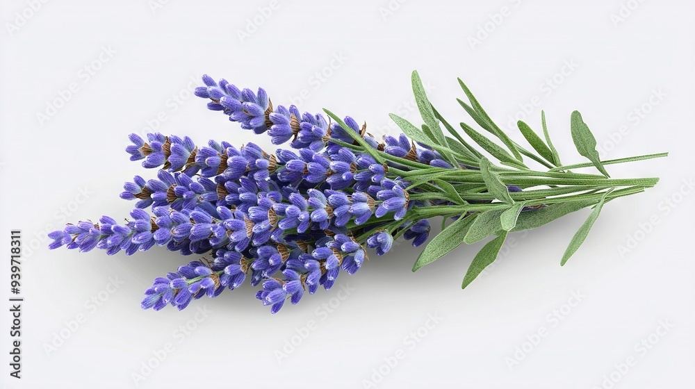 A cluster of lavender blossoms arranged on a white backdrop, surrounded by emerald foliage A cluster of lavender blossoms arranged on a white backdrop, surrounded by emerald foliage