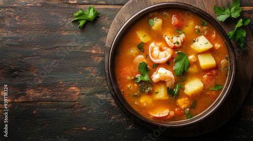 Serving of chowder soup with seafood, potatoes, and vegetables in thick broth