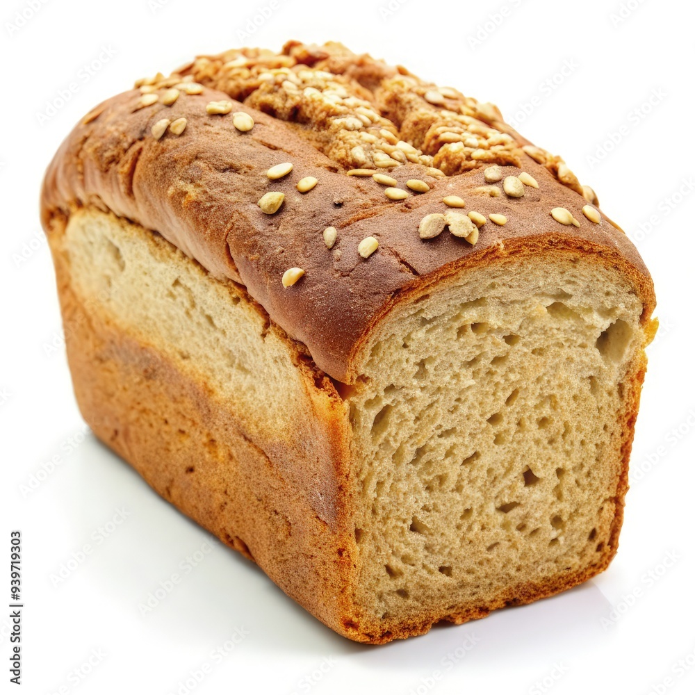 Freshly baked quick bread loaf with sesame seeds on a white background. Generative AI Freshly baked quick bread loaf with sesame seeds on a white background. Generative AI