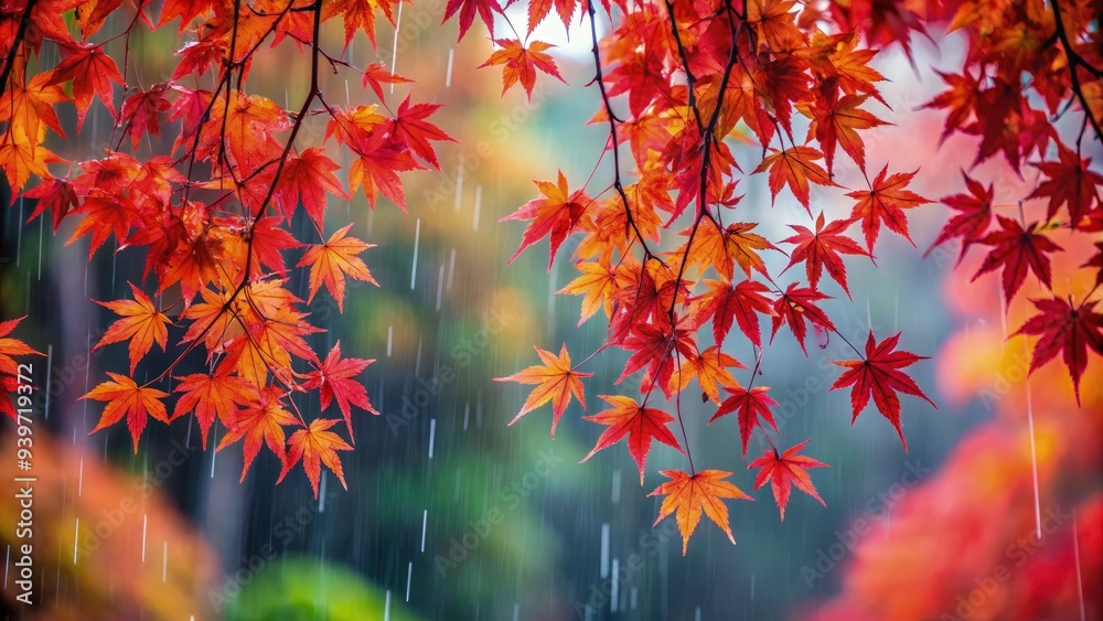 Autumn rain falling through vibrant red maple leaves in a tranquil forest setting. Generative AI Autumn rain falling through vibrant red maple leaves in a tranquil forest setting. Generative AI