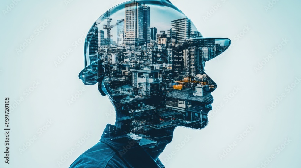 A construction worker's profile features an urban landscape, blending industry and city life A construction worker's profile features an urban landscape, blending industry and city life