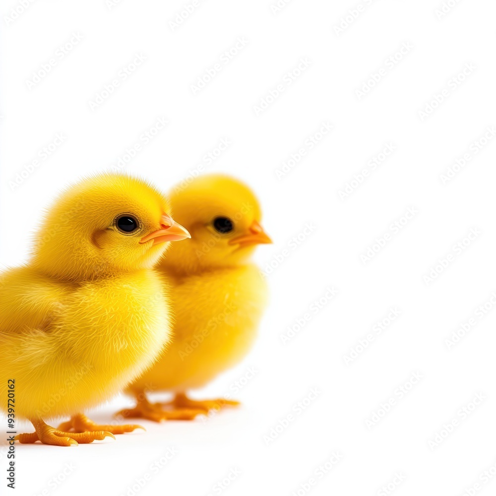 Two adorable yellow chicks standing side by side, isolated on a white background, perfect for Easter or spring themes. Two adorable yellow chicks standing side by side, isolated on a white background, perfect for Easter or spring themes.